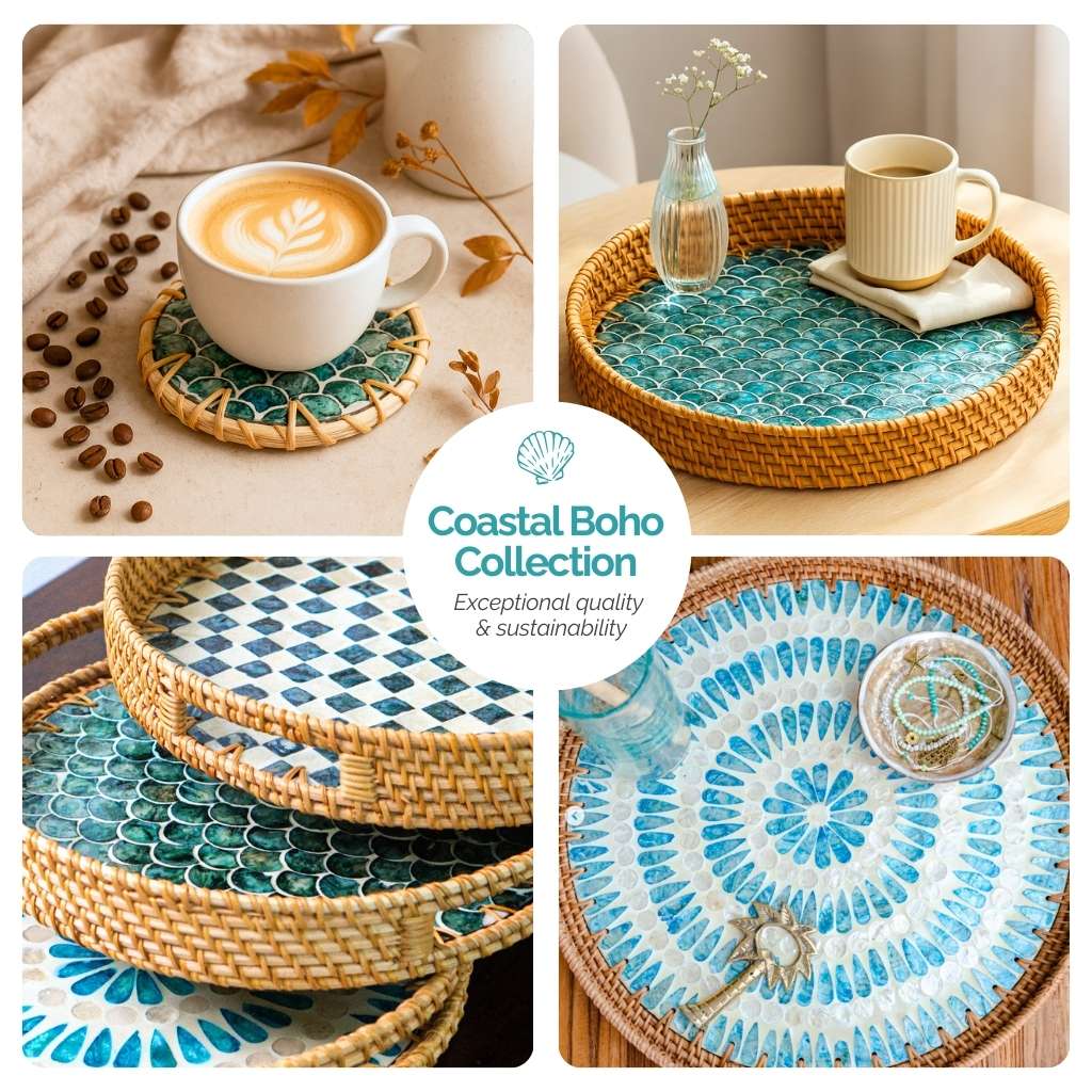Handmade Natural Rattan & Mother of Pearl Coaster Set (6 Piece + Holder) • Ripple-4