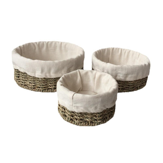 Set of 3 Cotton Lined Round Seagrass Tray-0
