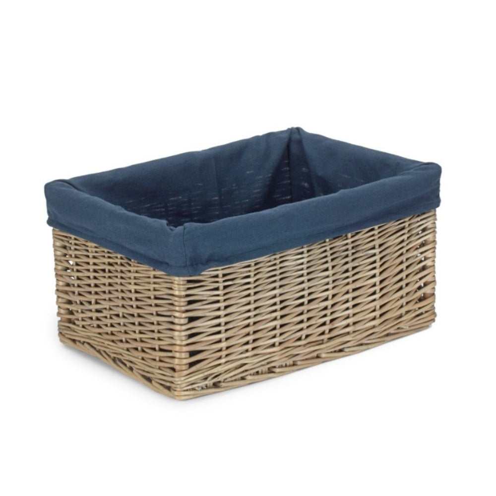 Antique Wash Navy Cotton Lined Willow Storage Basket-3