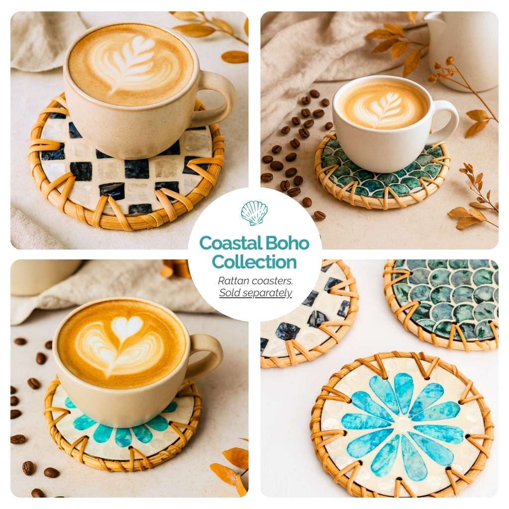 Handmade Natural Rattan & Mother of Pearl Coaster Set (6 Piece + Holder) • Cascade-4