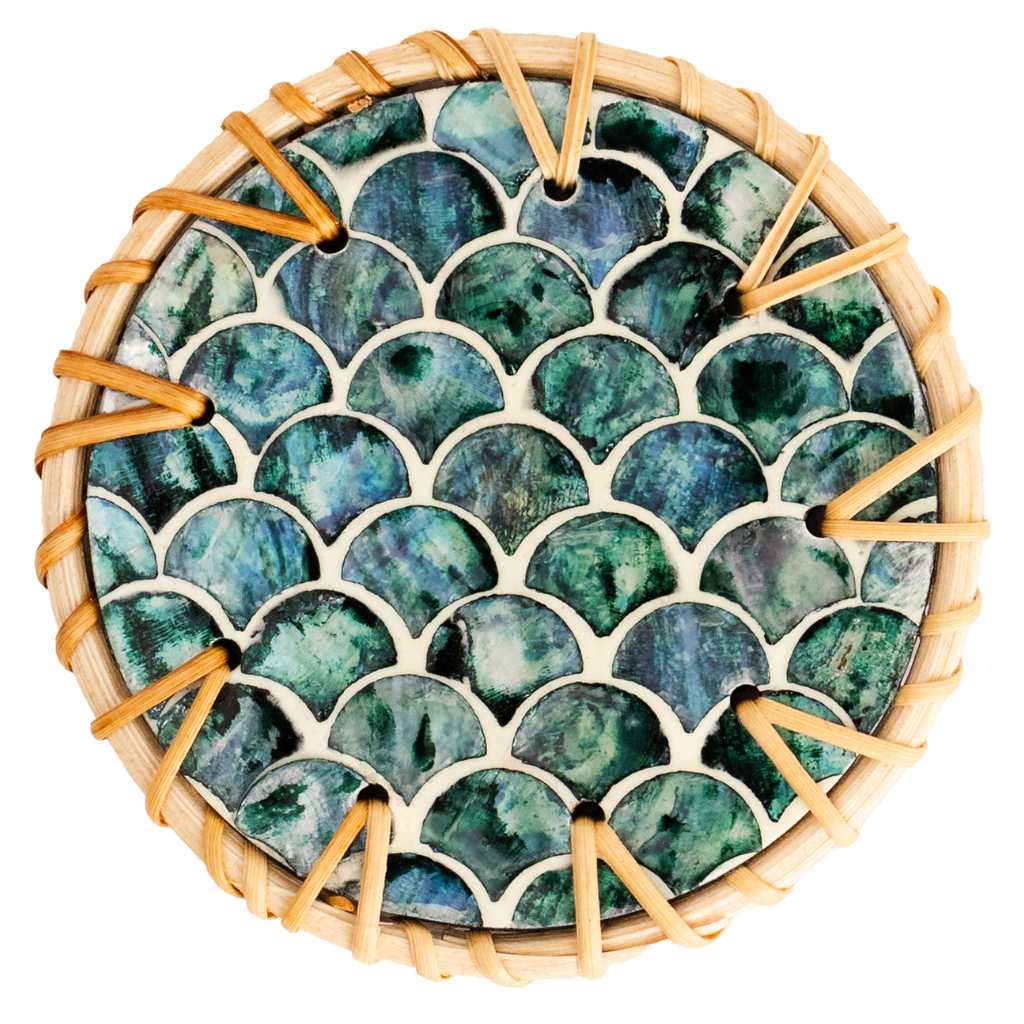 Handmade Natural Rattan & Mother of Pearl Coaster Set (6 Piece + Holder) • Cascade-2